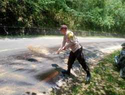 Antisipasi Lakalantas, Polisi Timbun Tumpahan Solar di Jalan Poros Pondidaha-Unaaha