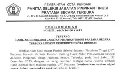 Pansel Umumkan Hasil Akhir Seleksi JPTP Terbuka Lingkup Pemkot Kendari