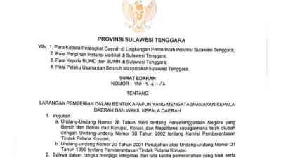 Pemprov Sultra Terbitkan SE Larang Pemberian dalam Bentuk Apapun Atasnamakan Kepala Daerah