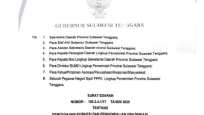 Pemprov Sultra Terbitkan SE: ASN-Penyelenggara Negara Wajib Tolak dan Laporkan Gratifikasi